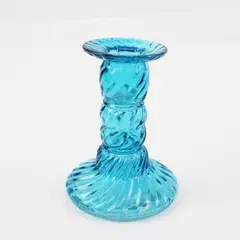 Blue Glass Candlestick Holder Swirl Twisted Textured Taper Candle