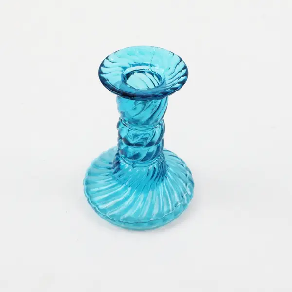 Blue Glass Candlestick Holder Swirl Twisted Textured Taper Candle