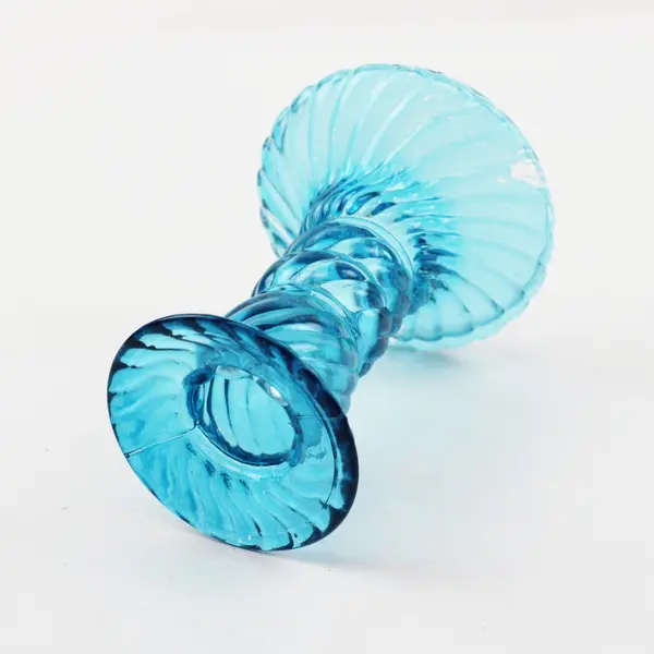 Blue Glass Candlestick Holder Swirl Twisted Textured Taper Candle