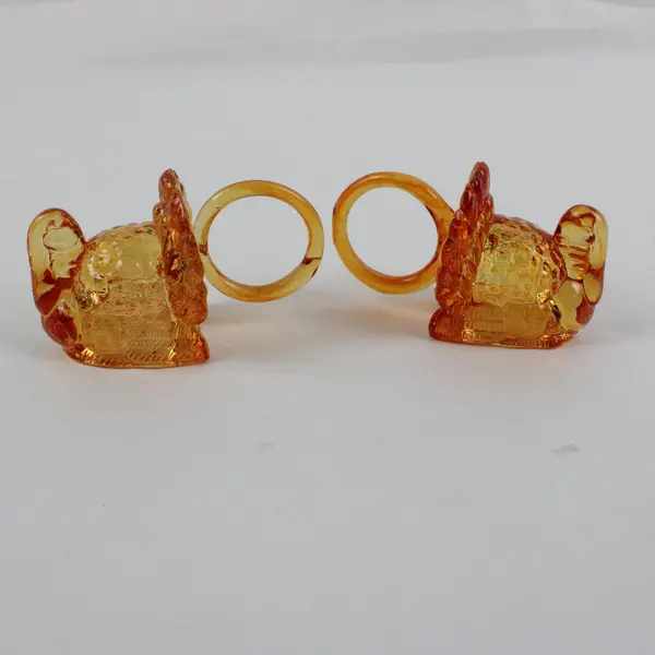 Lot of 2 Celebration Turkey Amber Glass Napkin Rings Thanksgiving
