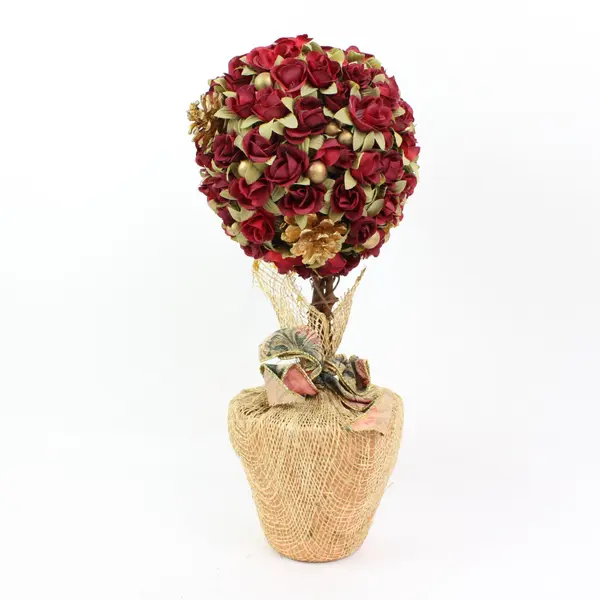 Artificial Rose Topiary Burgundy Cream Burlap Wrapped Pot Decor