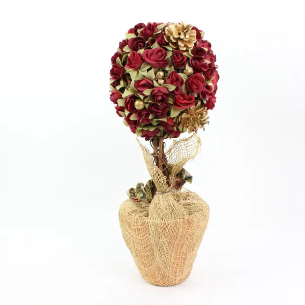 Artificial Rose Topiary Burgundy Cream Burlap Wrapped Pot Decor
