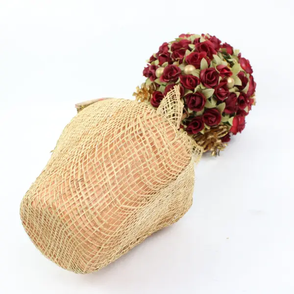 Artificial Rose Topiary Burgundy Cream Burlap Wrapped Pot Decor