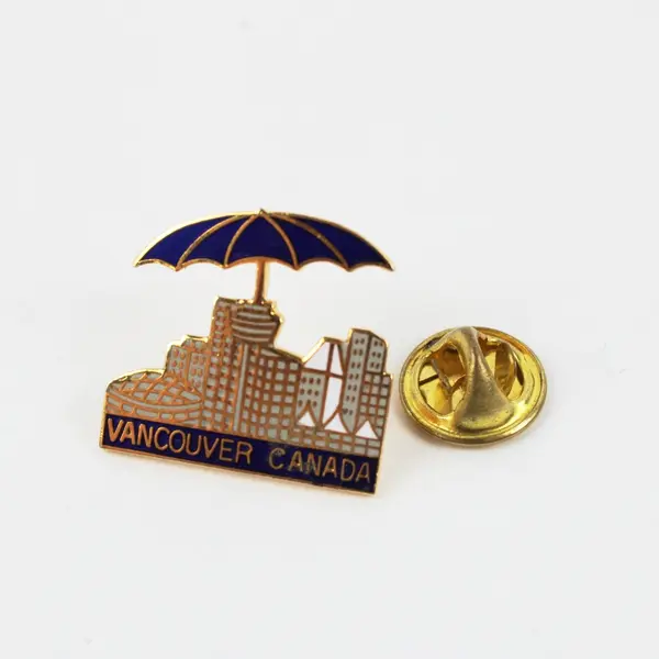 Vancouver Canada Skyline With Blue Umbrella Gold Tone Souvenir Lapel Pin 