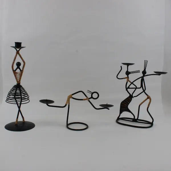 Set of 3 Black Wrought Iron Rattan Sculptural Candle Holders MCM