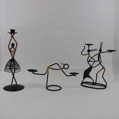 Set of 3 Black Wrought Iron Rattan Sculptural Candle Holders MCM