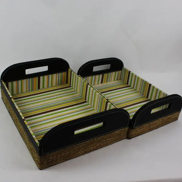 Set of 2 Woven Storage Baskets Striped Lining Black Handles 