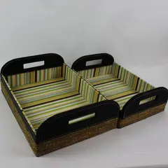 Set of 2 Woven Storage Baskets Striped Lining Black Handles 