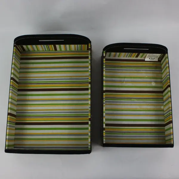 Set of 2 Woven Storage Baskets Striped Lining Black Handles 