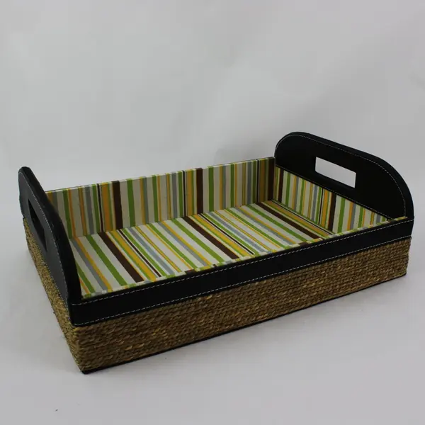 Set of 2 Woven Storage Baskets Striped Lining Black Handles 