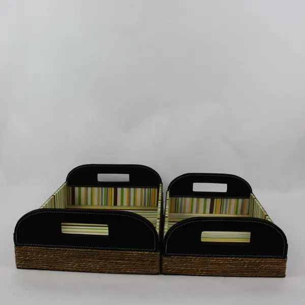 Set of 2 Woven Storage Baskets Striped Lining Black Handles 