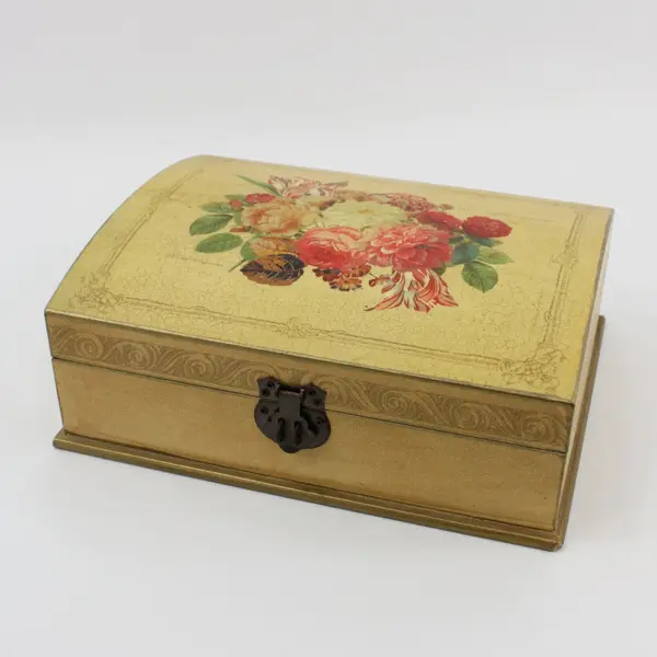 Vintage Wooden Rose Pattern  Jewelry Trinket Box Domed Hinged Lid 