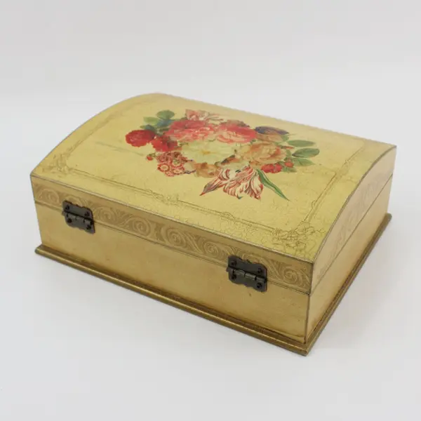 Vintage Wooden Rose Pattern  Jewelry Trinket Box Domed Hinged Lid 
