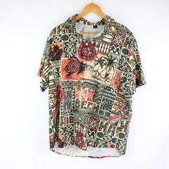 Men's Hawaiian Print Short Sleeve Button Down Shirt Red Yellow Orange Black L