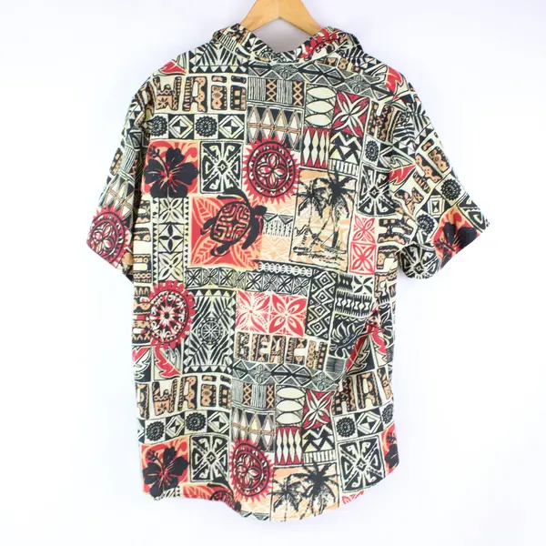Men's Hawaiian Print Short Sleeve Button Down Shirt Red Yellow Orange Black L