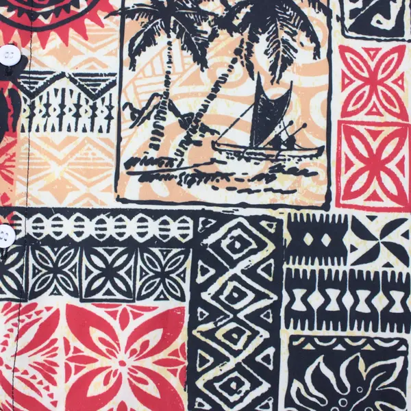 Men's Hawaiian Print Short Sleeve Button Down Shirt Red Yellow Orange Black L