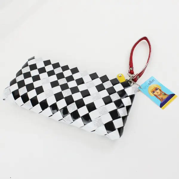 Nahui Ollin Black White Woven Recycled Clutch Bag Zipper Closure