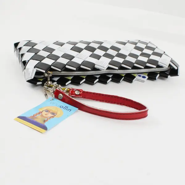 Nahui Ollin Black White Woven Recycled Clutch Bag Zipper Closure