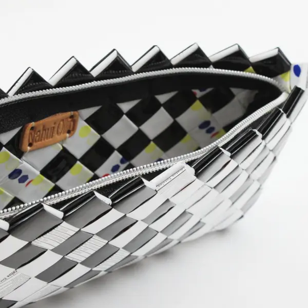 Nahui Ollin Black White Woven Recycled Clutch Bag Zipper Closure