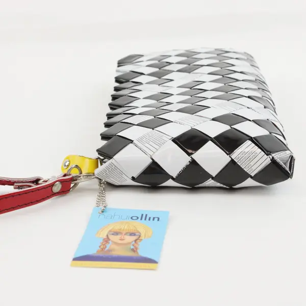 Nahui Ollin Black White Woven Recycled Clutch Bag Zipper Closure