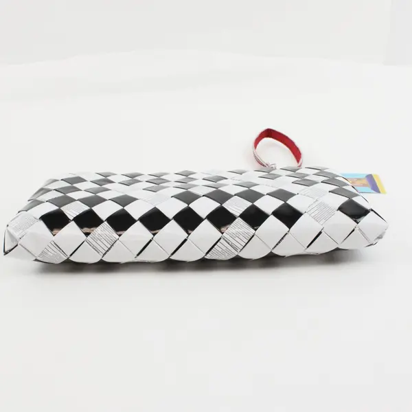 Nahui Ollin Black White Woven Recycled Clutch Bag Zipper Closure