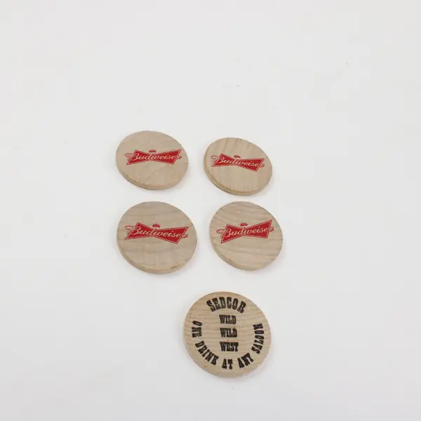 Lot of 5 Wooden Nickels 4 Buckaroo Ball Budweiser 1 Buffalo Token