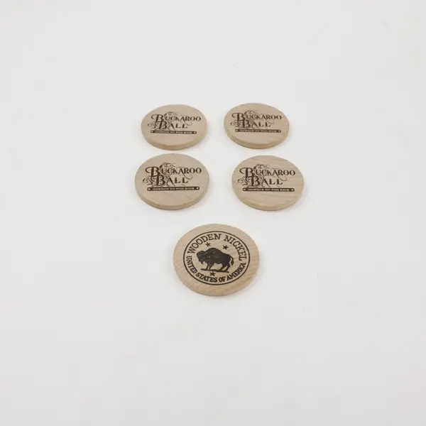 Lot of 5 Wooden Nickels 4 Buckaroo Ball Budweiser 1 Buffalo Token