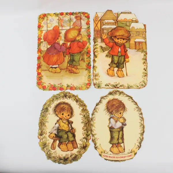 Lot of 4 Vintage Tiny Tim Christmas Carol Paper Wall Hangings, Mary Hamilton 