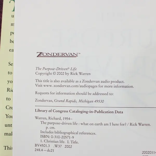 The Purpose Driven Life: What on Earth Am I Here For? Hardcover 2002 Rick Warren