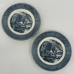 Set of 2 Royal China Currier & Ives Old Grist Mill Dinner Plates 10.5 Inch