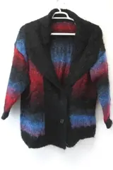 Vintage Women's Large Coat Blue Black Red Fuzzy Knit Crochet Buttons Collar