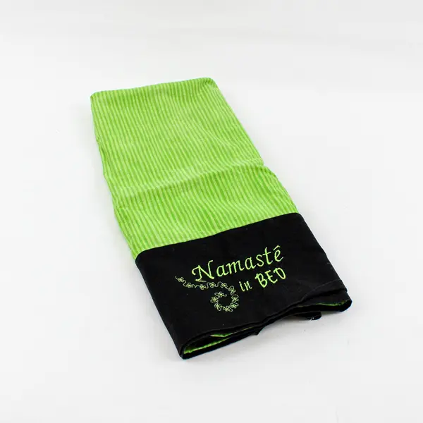 Namaste in Bed Embroidered Queen Pillowcase Green Black Striped
