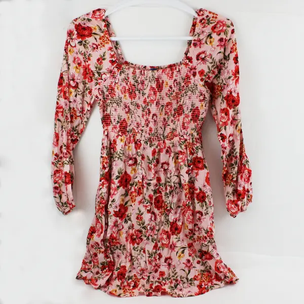 Old Navy Women's Small Pink Yellow Floral Smocked Puff Sleeve Mini Dress