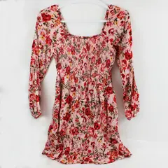 Old Navy Women's Small Pink Yellow Floral Smocked Puff Sleeve Mini Dress