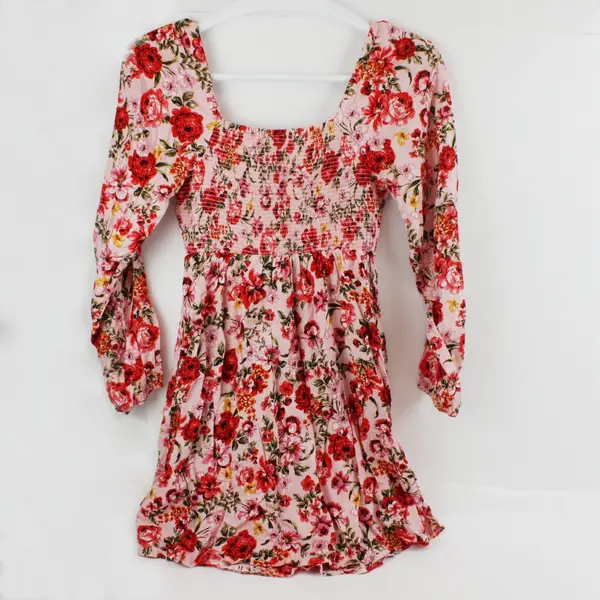 Old Navy Women's Small Pink Yellow Floral Smocked Puff Sleeve Mini Dress