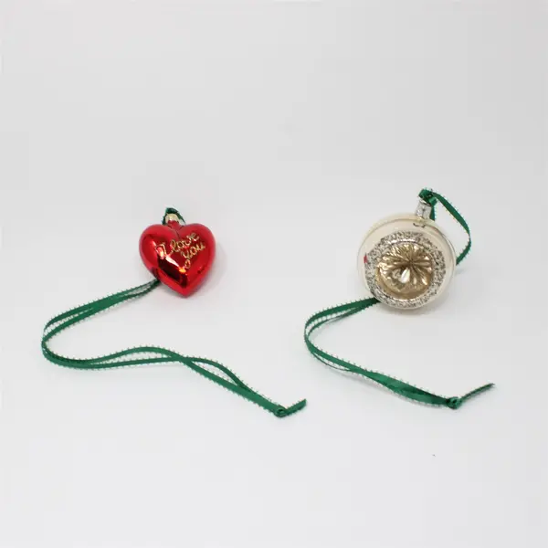Christmas Cottage Lot of 2 Glass Christmas Ornaments Red Heart White Round