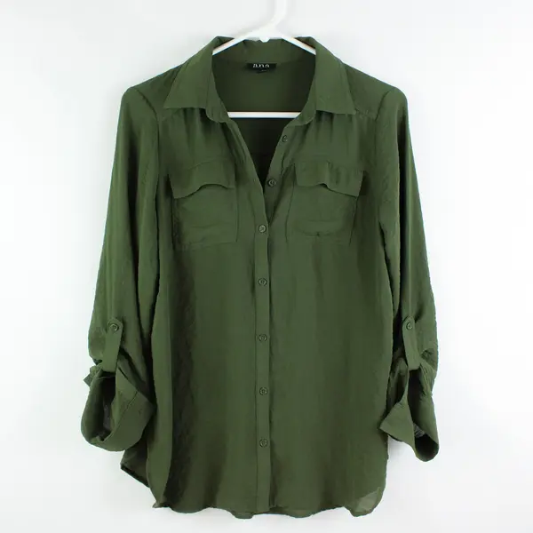 A New Approach Women's Small Army Green Roll Tab Sleeve Shirt