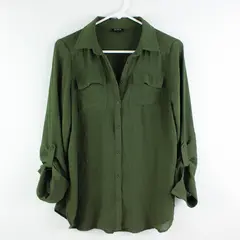 A New Approach Women's Small Army Green Roll Tab Sleeve Shirt