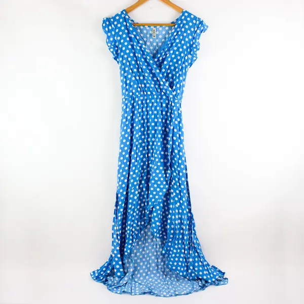 Grecerelle Women's Medium Blue White Polka Dot High-Low Dress