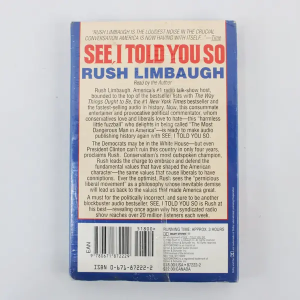 Rush Limbaugh "See, I Told You So" 2 Cassette Tapes 1993 #87222-2 New