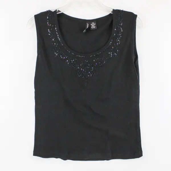 Jason Maxwell Women's Petite PM Black Ribbed Sequin Neckline Tank Top