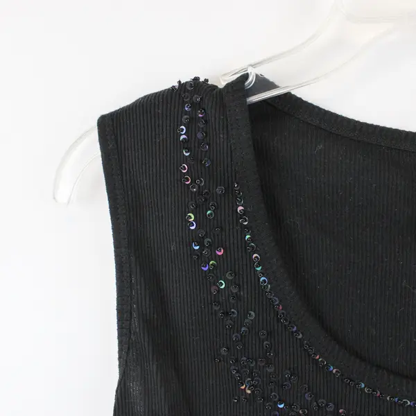 Jason Maxwell Women's Petite PM Black Ribbed Sequin Neckline Tank Top