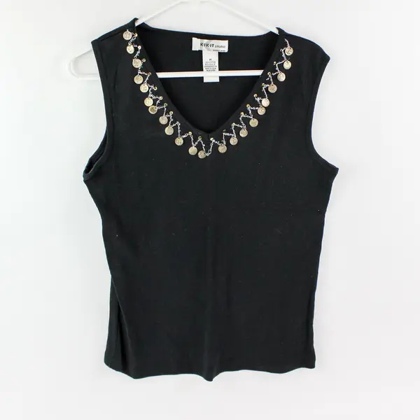 Kikit Studio Women's Medium Black Tank Top Coin Beaded Neckline