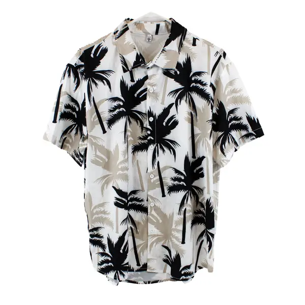 Hooyi Men's Palm Tree Print Button Down Shirt Short Sleeve White Black L
