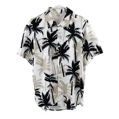 Hooyi Men's Palm Tree Print Button Down Shirt Short Sleeve White Black L