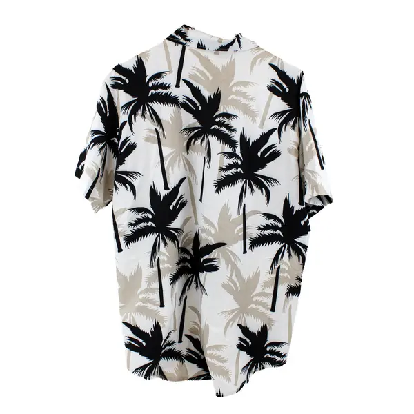 Hooyi Men's Palm Tree Print Button Down Shirt Short Sleeve White Black L