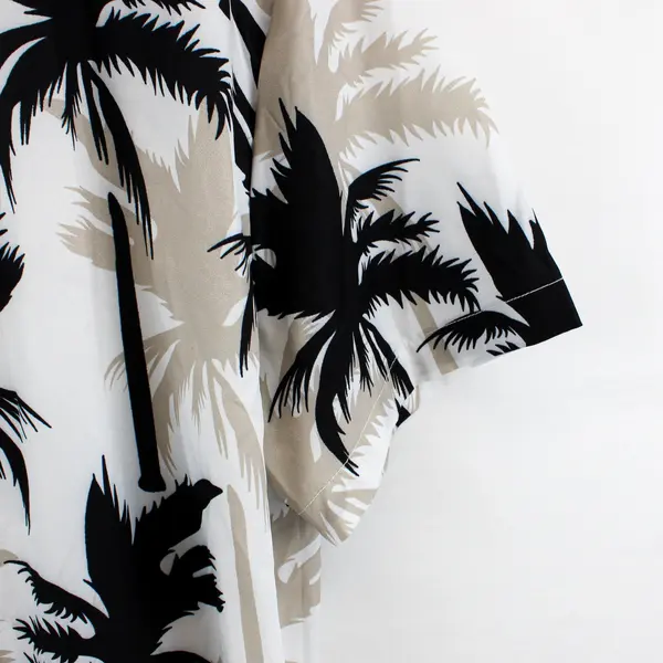 Hooyi Men's Palm Tree Print Button Down Shirt Short Sleeve White Black L