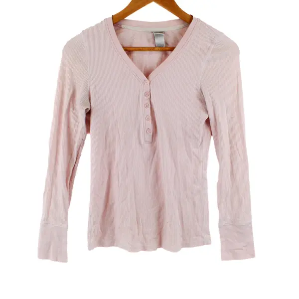 L.E.I Women's Juniors Pink Ribbed Long Sleeve Henley Top Size L Y2K Style