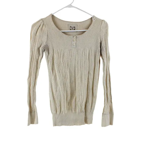 Decree Women's Beige Ribbed Knit Henley Long Sleeve Top Medium Y2K 
