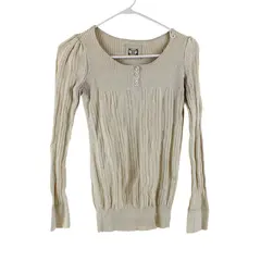 Decree Women's Beige Ribbed Knit Henley Long Sleeve Top Medium Y2K 